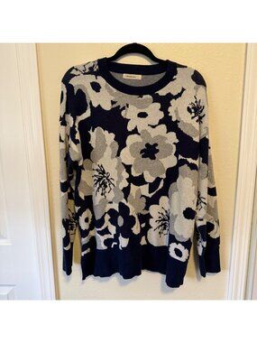 WoolOvers Blue Flower Floral Jacquard Crew Neck Sweater Cotton Mix Size L